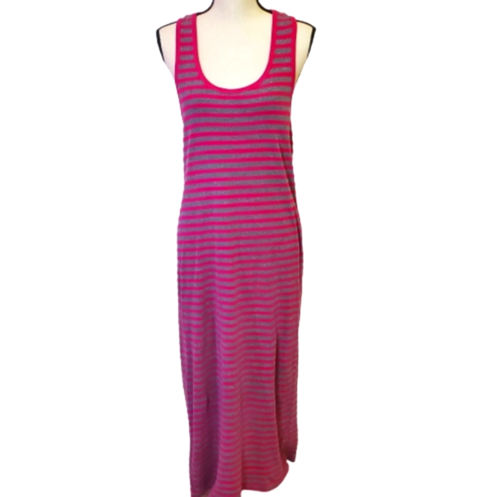 West Loop Brand Racerback T-Shirt Maxi Dress, Size Large, Burgundy/Grey Striped.